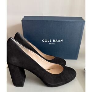 Cole Haan Women's Renner Grand Pump Black Suede Block Heel Round Toe Size 9.5